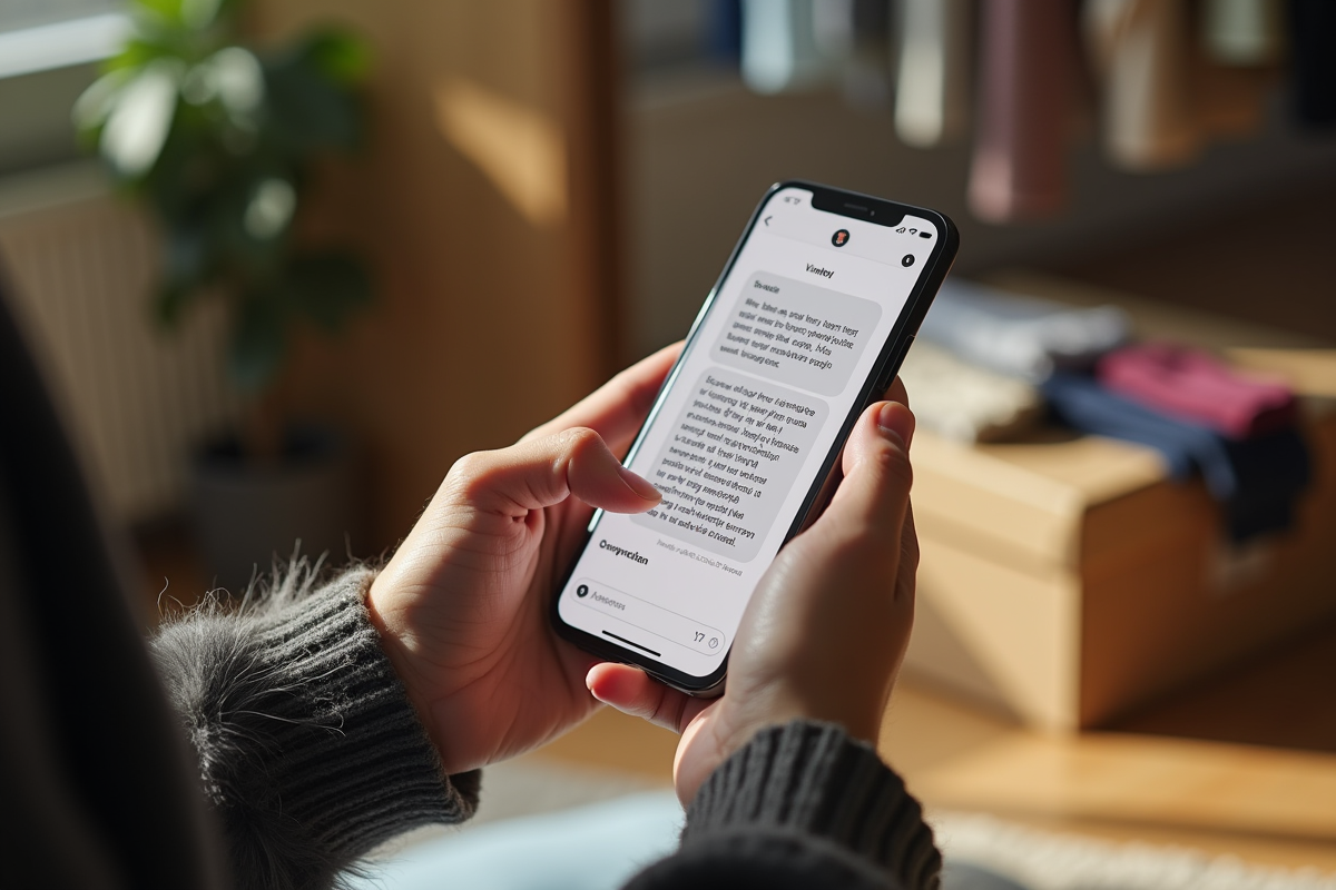 Main tapant un message sur smartphone avec vêtements Vinted autour