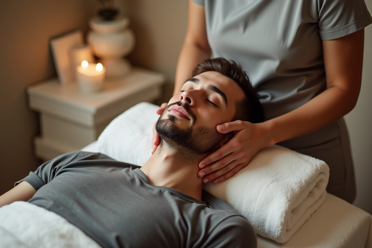 Jeune homme recevant un massage facial dans un spa calme