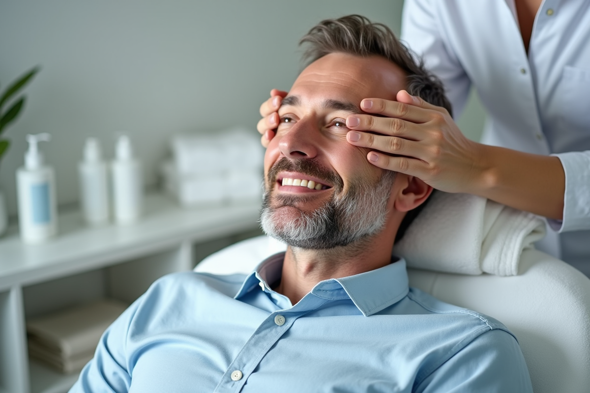 Homme souriant recevant un massage facial professionnel