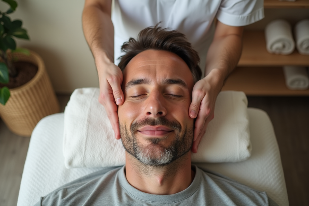 Homme recevant un massage facial dans un spa apaisant