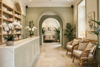 Intérieur d'un institut de beauté haut de gamme en Gironde avec accueil fleuri et décor naturel élégant