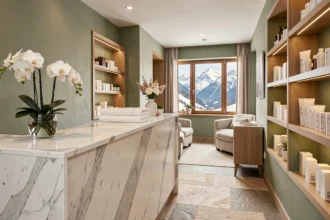 Intérieur élégant d'un institut de beauté en Haute-Savoie avec vue sur les Alpes