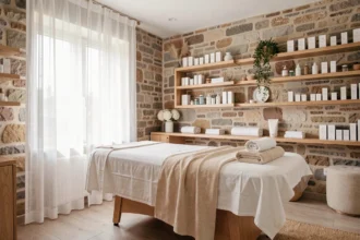 Intérieur d'un institut de beauté moderne et élégant dans les Pyrénées-Atlantiques, avec table de soin drapée de blanc et produits de beauté sur des étagères