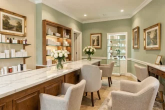 Intérieur élégant d'un salon de beauté dans les Pays de la Loire avec une décoration raffinée en tons neutres