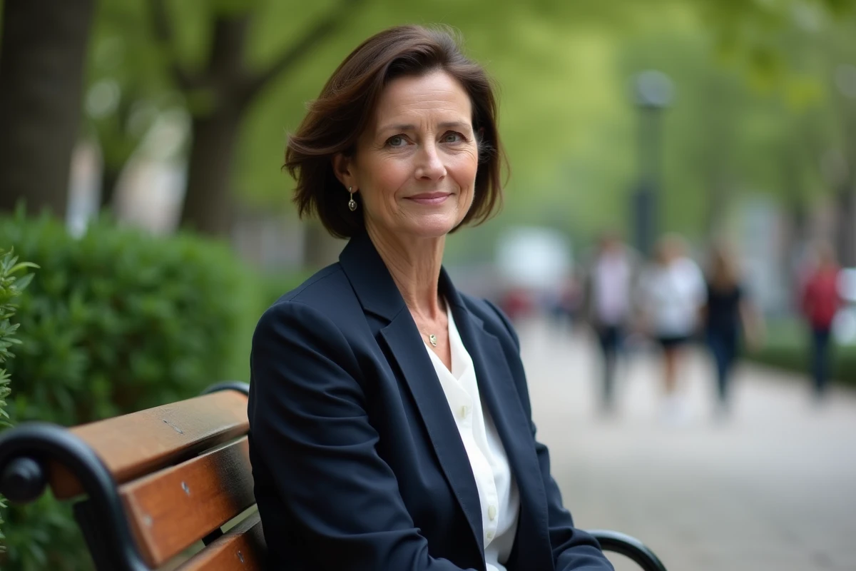 Femme mature aux cheveux courts fins et ondulés mini vague assise dans un parc urbain avec un style élégant