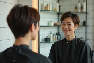 Femme aux cheveux fins courts avec une mini vague pour ajouter du volume, assise dans un salon de coiffure professionnel