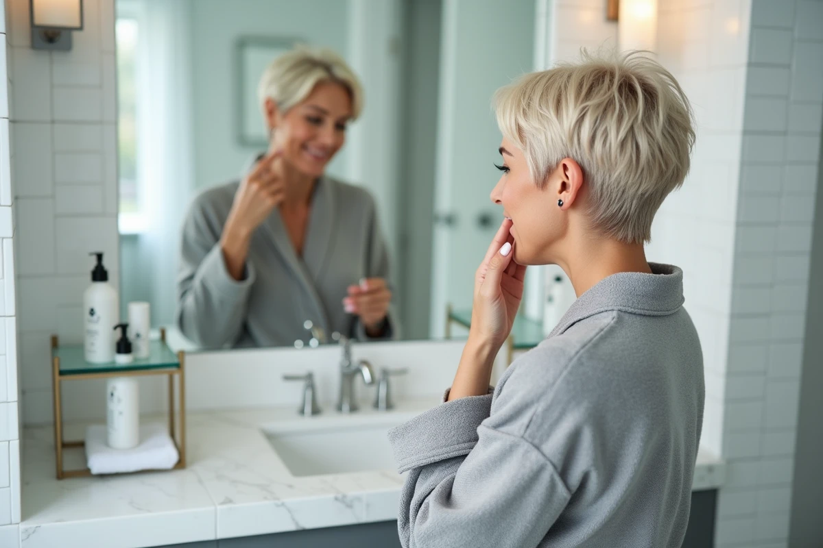 Femme aux cheveux courts et fins avec mini vague naturelle se regardant dans un miroir de salle de bain à domicile