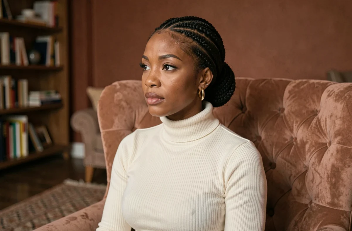 Femme élégante avec nattes collées en chignon bas inspirées des célébrités dans un salon moderne