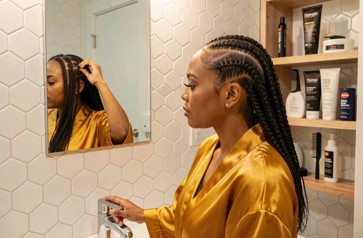 Femme aux nattes collées géométriques style célébrité dans une salle de bain moderne avec produits coiffants