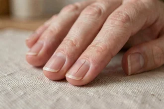 Gros plan sur un ongle fendu verticalement sur la main d'une femme adulte, posée sur un tissu beige, montrant une fissure longitudinale fine et naturelle