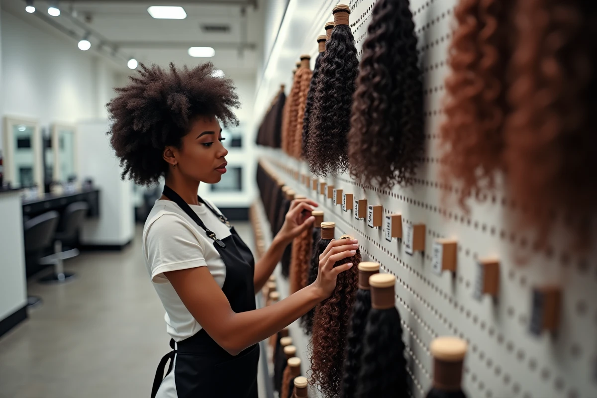 Coiffeuse organisant des mèches afro par longueur et texture dans un salon boutique moderne