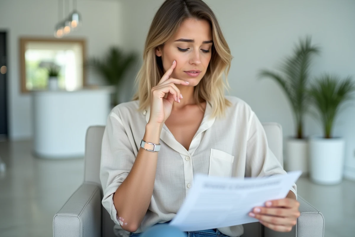 Patiente lisant les informations sur les effets secondaires et risques d'un traitement laser en clinique esthétique