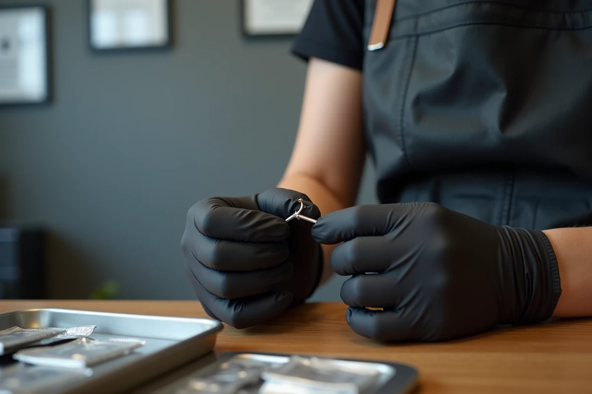 Perceur professionnel avec gants noirs manipulant un bijou de piercing nez en titane dans un studio de piercing propre