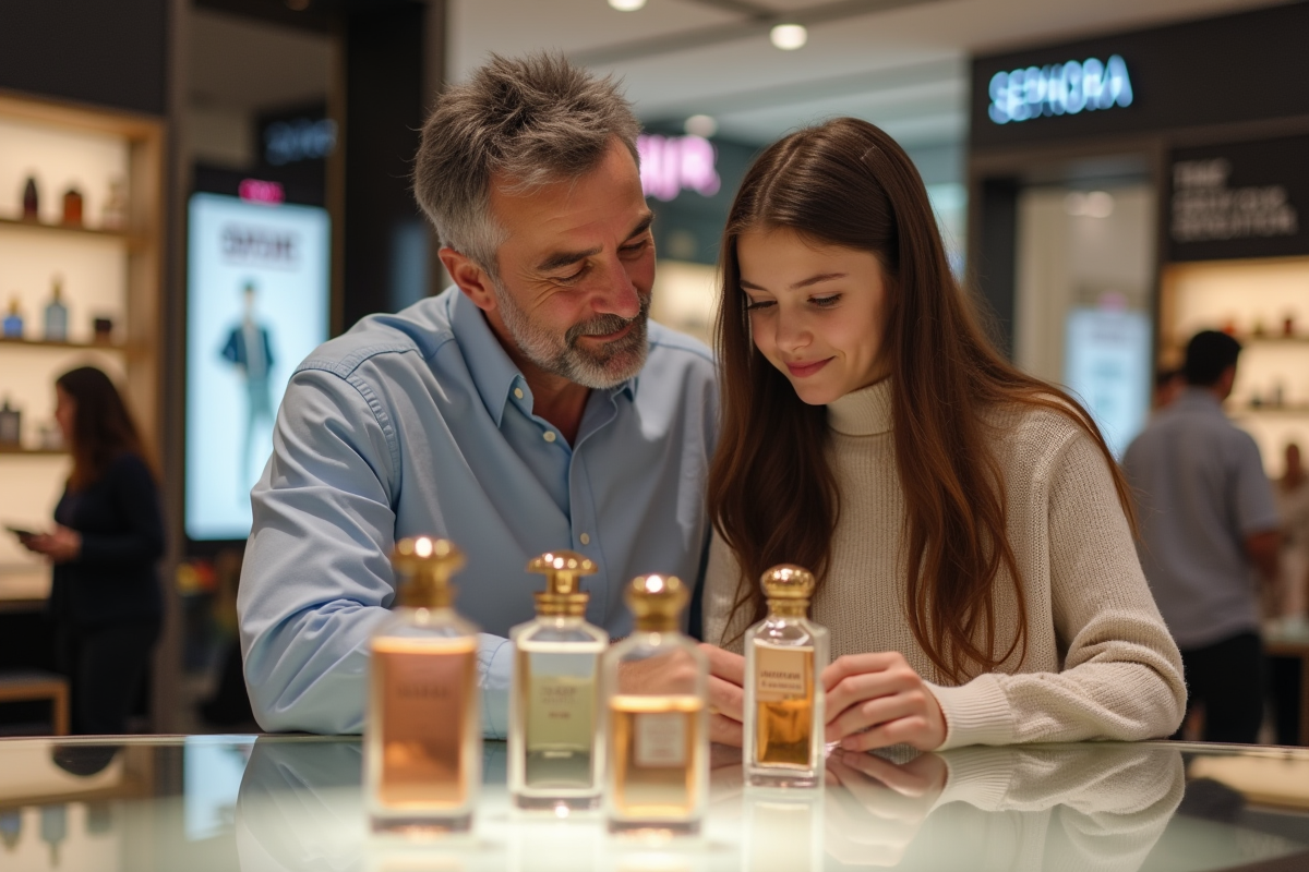 Pere et fille comparant des parfums chez Sephora