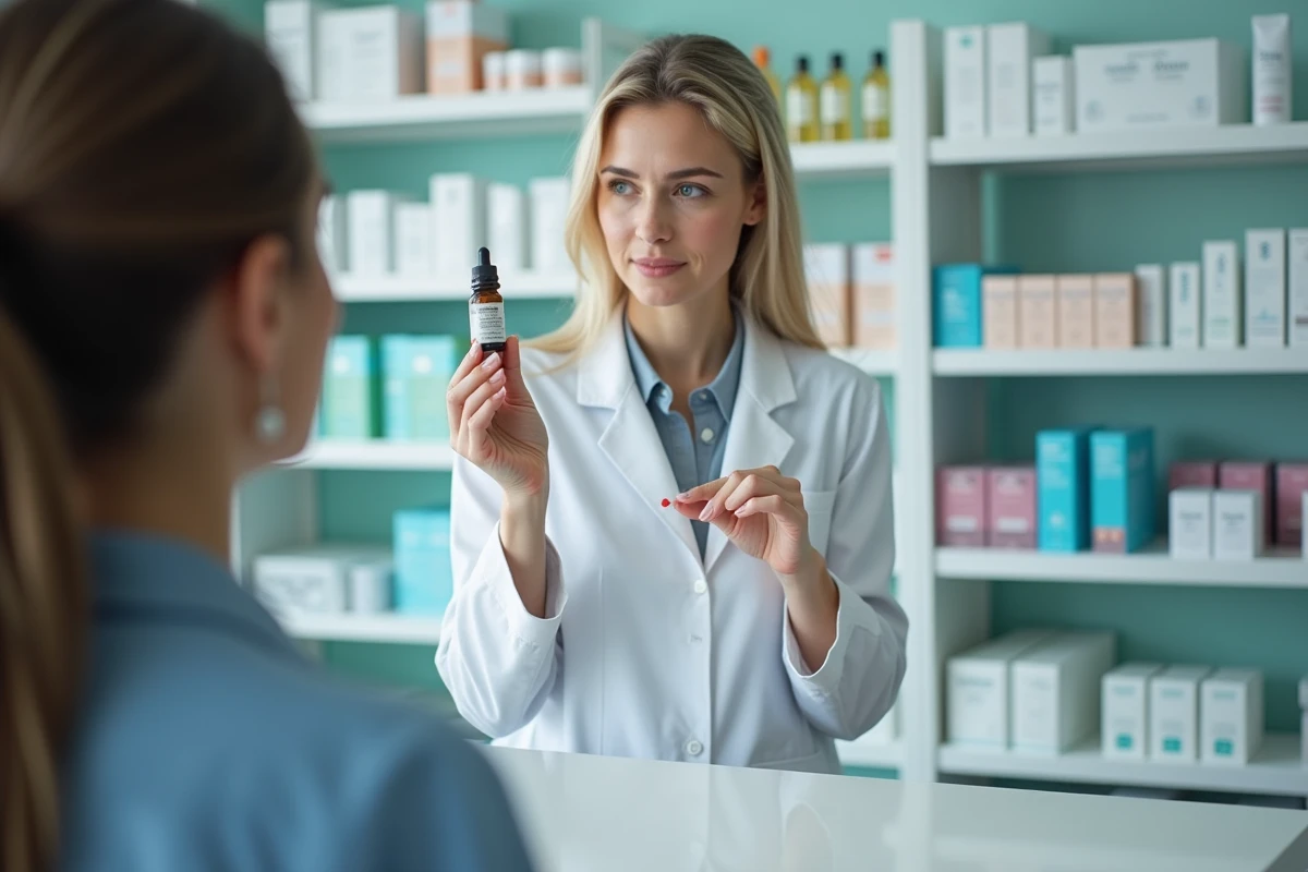Pharmacienne conseillant une patiente sur l'utilisation d'un produit de soin pour peau fragilisée par les traitements