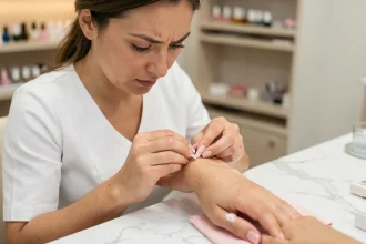 Technicienne ongulaire effectuant un pinçage précis d'une extension en acrylique pour former un ongle coffin dans un salon de manucure moderne