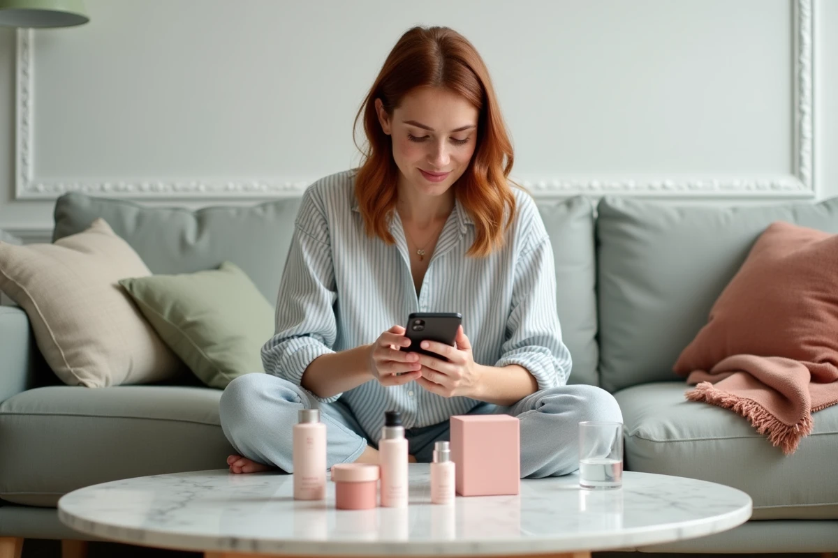 Jeune femme consultant ses points de fidélité sur smartphone entourée de produits de sa box beauté