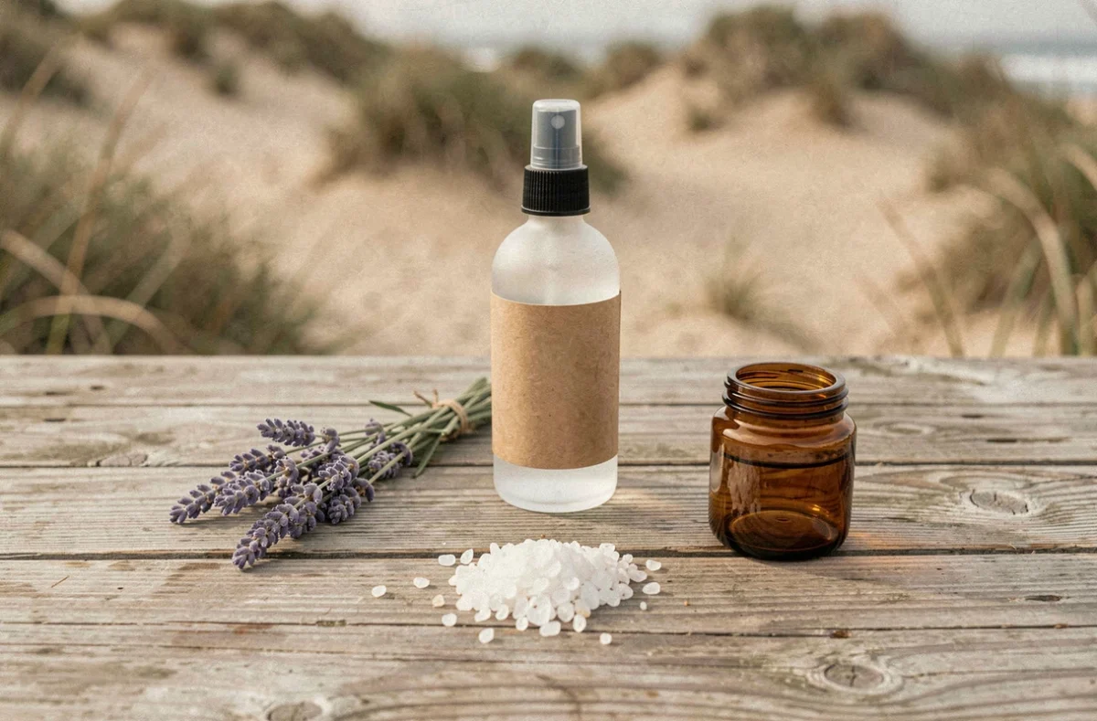 Produits capillaires naturels avec spray sel de mer sur bois patiné avec décor côtier en arrière-plan