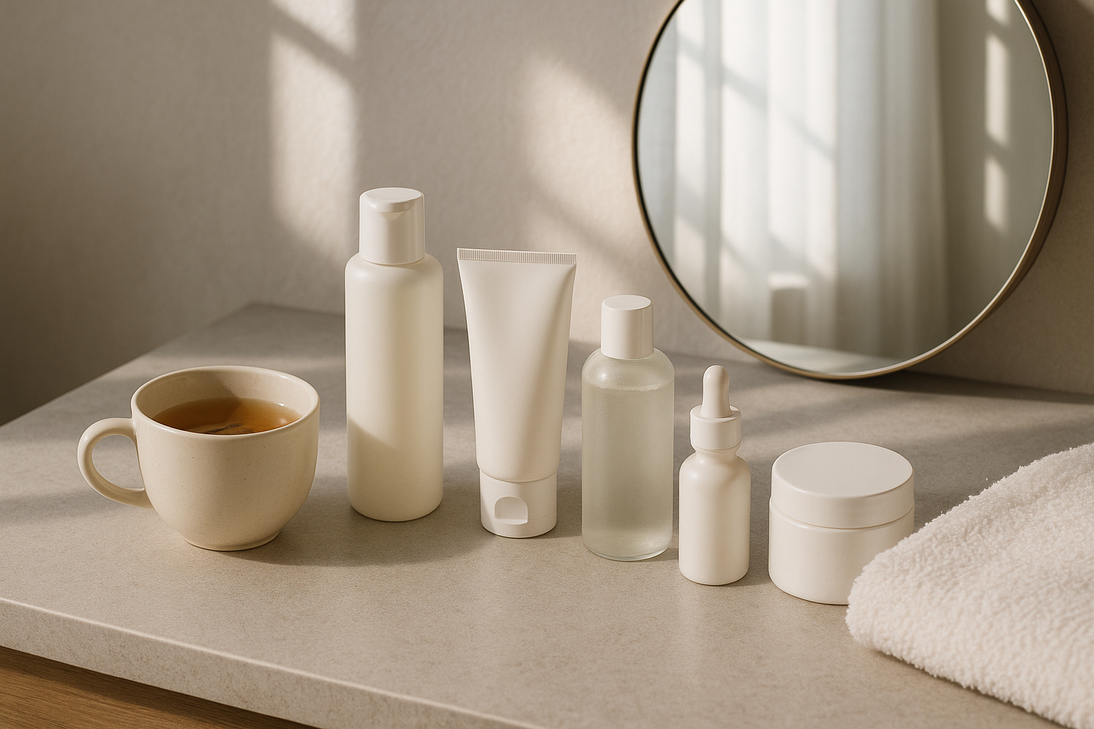 Produits de soin sur un comptoir de salle de bain