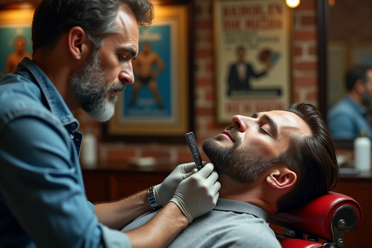 Barbier expérimenté réalisant un rasage au rasoir droit ornemental sur un client dans un fauteuil de barbier traditionnel