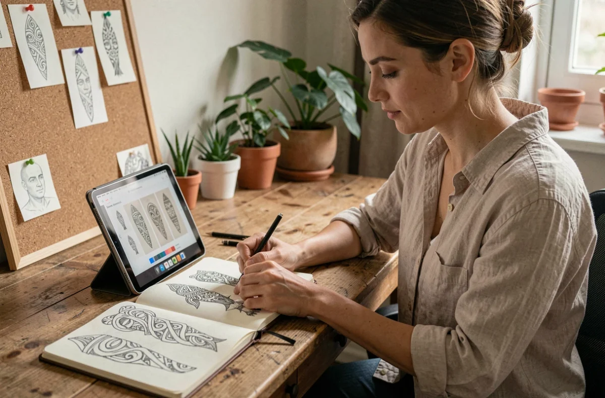 Jeune femme recherchant des modèles de tatouages tribaux sur tablette avec un carnet de croquis ouvert