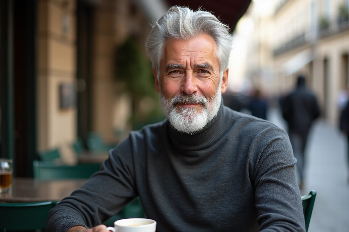 Homme distingué aux cheveux et barbe blancs harmonisés assis en terrasse de café, illustrant un résultat réussi de teinture capillaire