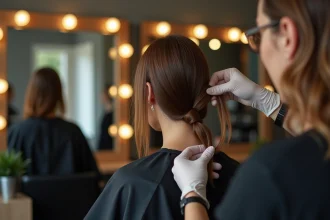 Retrait d'extensions de cheveux en salon de coiffure professionnel, vue 3/4 sur une femme dans un fauteuil de coiffure