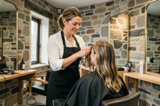 Coiffeuse professionnelle coupant les cheveux d'une cliente dans un salon de coiffure moderne du Finistère avec décor breton contemporain