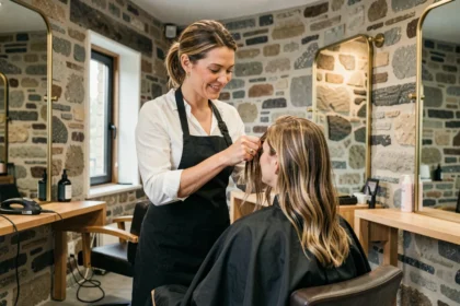 Coiffeuse professionnelle coupant les cheveux d'une cliente dans un salon de coiffure moderne du Finistère avec décor breton contemporain