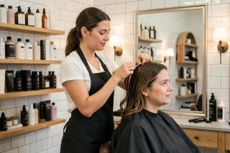 Coiffeuse professionnelle coupant les cheveux d'une cliente dans un salon de coiffure moderne à La Chapelle-Heulin