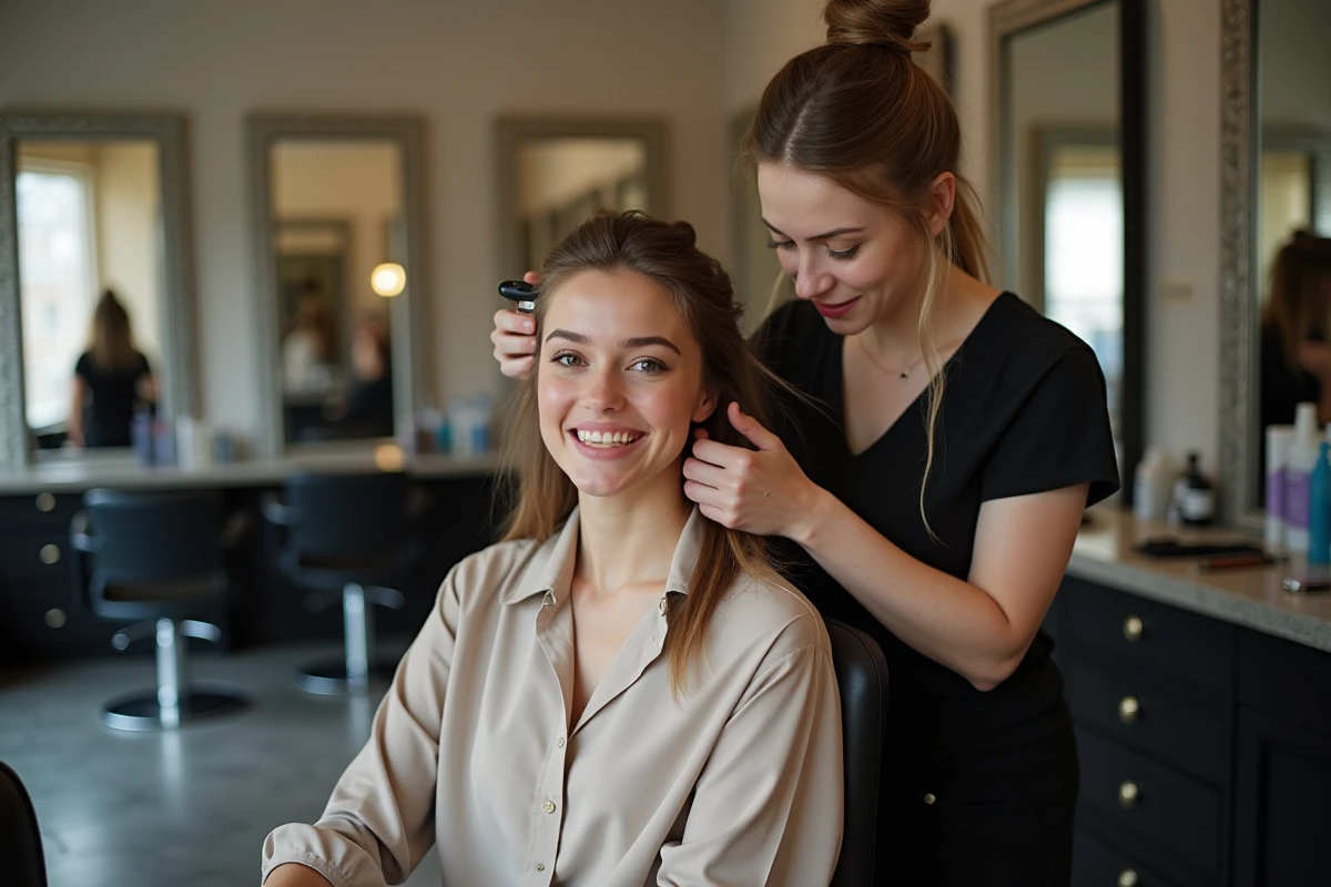 Jeune femme souriante en coupe dans un salon lyonnais