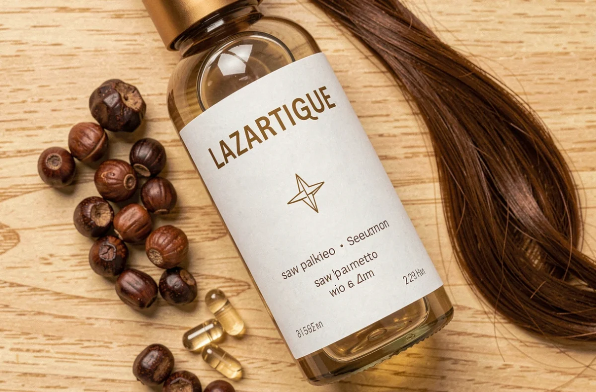 Flacon de sérum capillaire anti-chute Lazartigue Stronger Thicker avec ingrédients naturels en flatlay sur bois