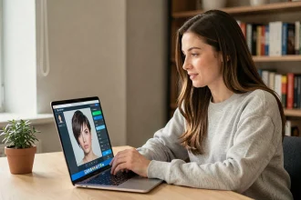 Femme en train d'utiliser un simulateur de coupe de cheveux sur ordinateur portable pour visualiser une coupe courte pixie