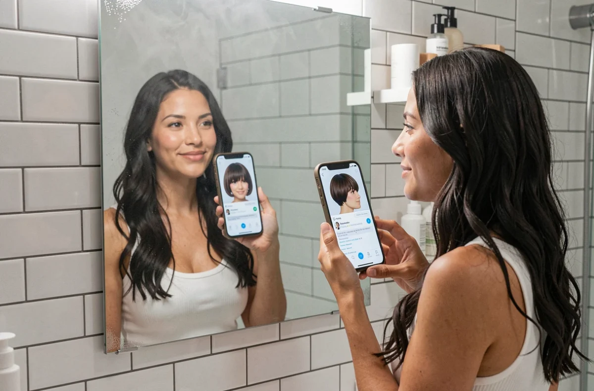 Jeune femme utilisant un simulateur de coupe courte sur smartphone devant un miroir de salle de bain