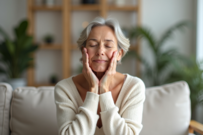 Femme d'âge moyen se massant le visage dans un salon lumineux