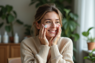 Femme appliquant une creme visage dans un cadre cozy