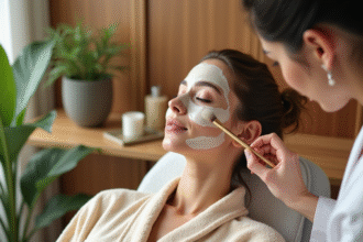 Femme en robe spa appliquant un masque visage relaxant