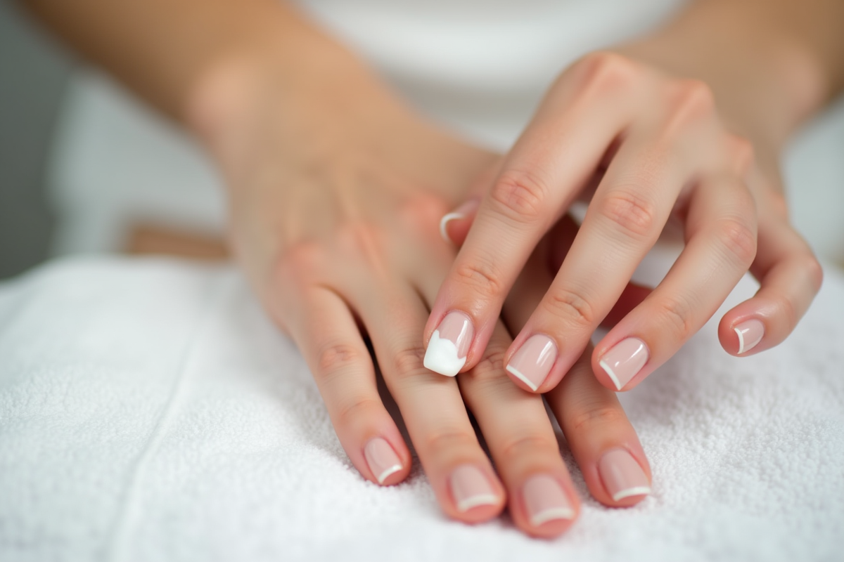 Mains de femme appliquant une creme sur les ongles