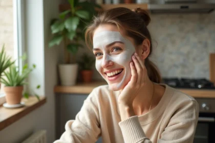 Femme souriante appliquant un masque naturel sur le visage