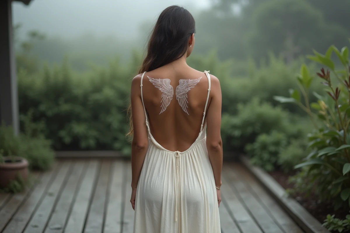 Femme en robe dos nu avec tatouage ailes d'anges encre blanche, ambiance jardin brumeux matinal, effet discret et éthéré