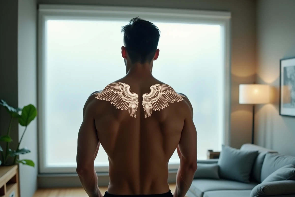 Homme torse nu avec un tatouage ailes d'anges blanc complexe sur le dos, effet lumineux en lumière naturelle d'appartement