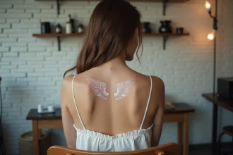 Tatouage ailes d'anges en encre blanche sur le dos d'une jeune femme, effet discret et lumineux visible sur peau claire