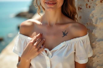 Femme avec un tatouage hirondelle discret sur la clavicule, debout près d'un mur en pierre côtier, vue en portrait 3/4
