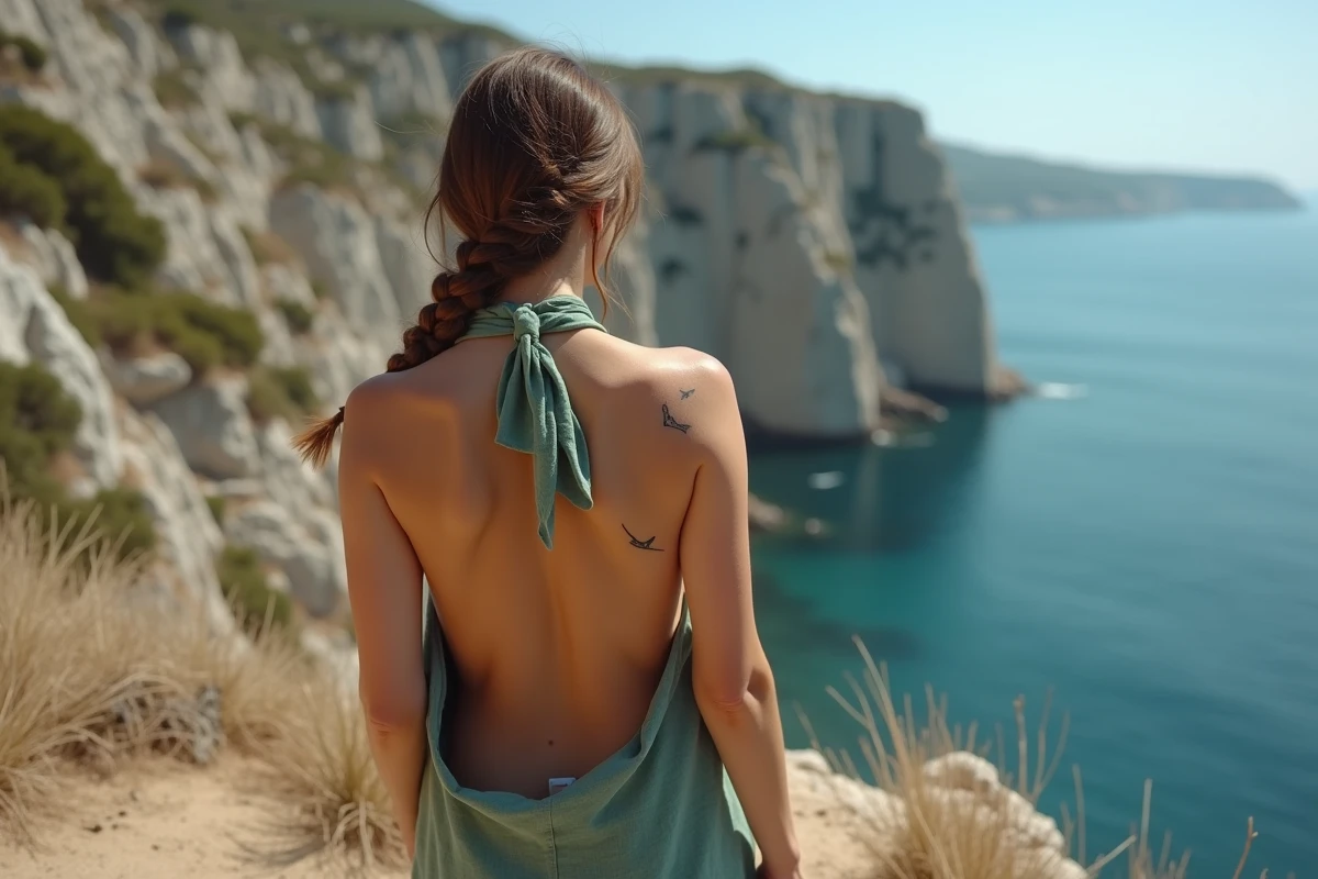 Femme de dos avec un tatouage hirondelle sur l'omoplate, haut dos-nu sur une falaise rocheuse côtière en Méditerranée