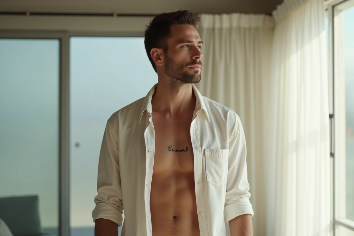 Tatouage prénom sur la côte d'un homme, écriture italique fine sur le flanc gauche