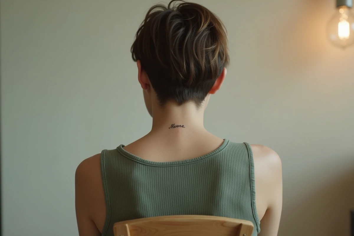 Tatouage prénom minimaliste sur la nuque d'une femme vue de dos, écriture fine et élégante