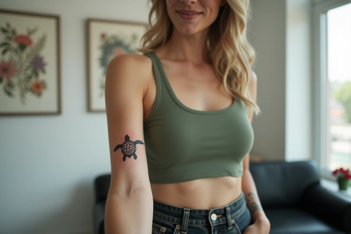 Femme admirant son tatouage tortue géométrique dans un salon de tatouage moderne, évoquant force et féminité