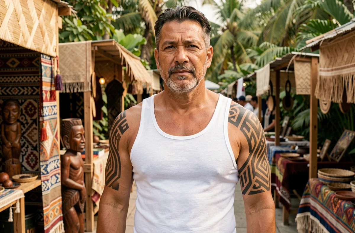 Homme polynésien arborant un tatouage tribal samoan traditionnel dans un marché culturel en plein air