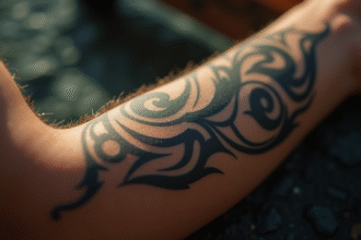 Zoom sur un tatouage tribal sur l'avant-bras en lumière naturelle