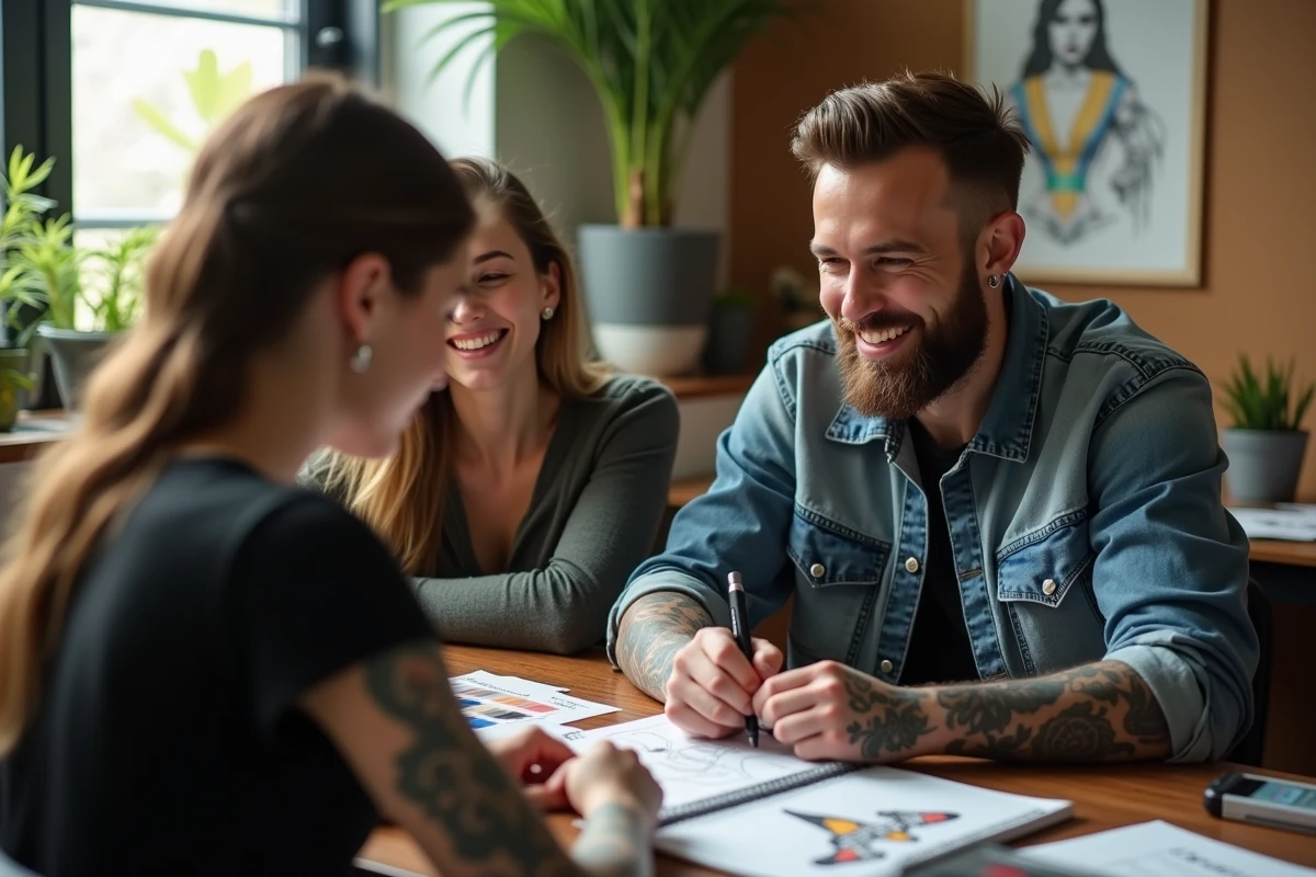Tatoueur souriant avec une adolescente et sa mère en consultation